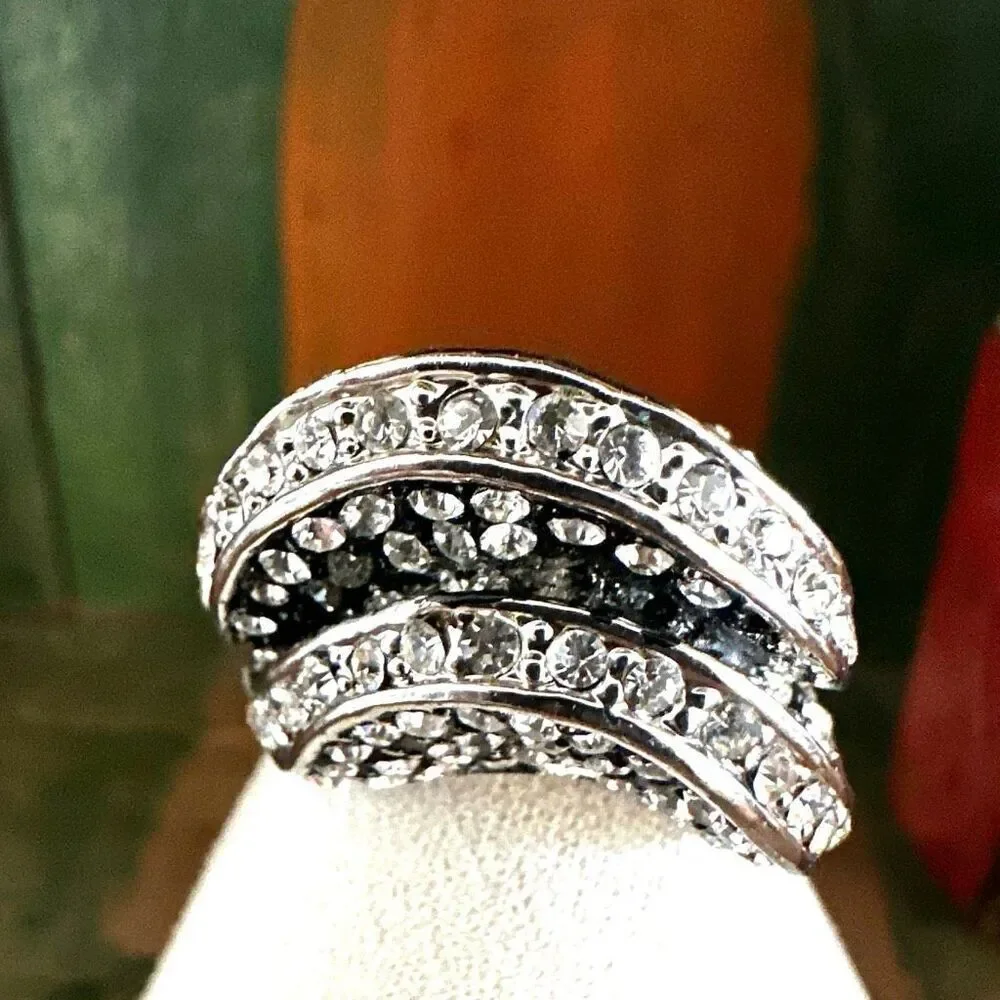 Silver-Tone Rhinestone Wave Statement Ring